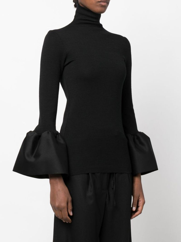 Black Trumpet Sleeves Turtleneck Wool Top