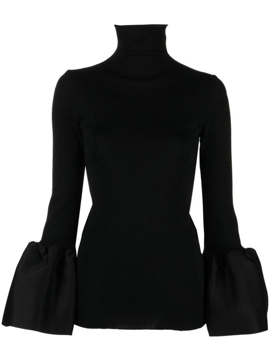Black Trumpet Sleeves Turtleneck Wool Top