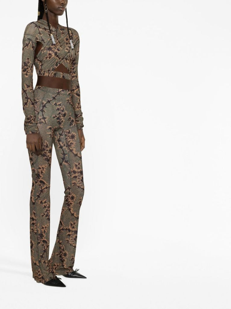Green Halycon Printed Flared Trousers