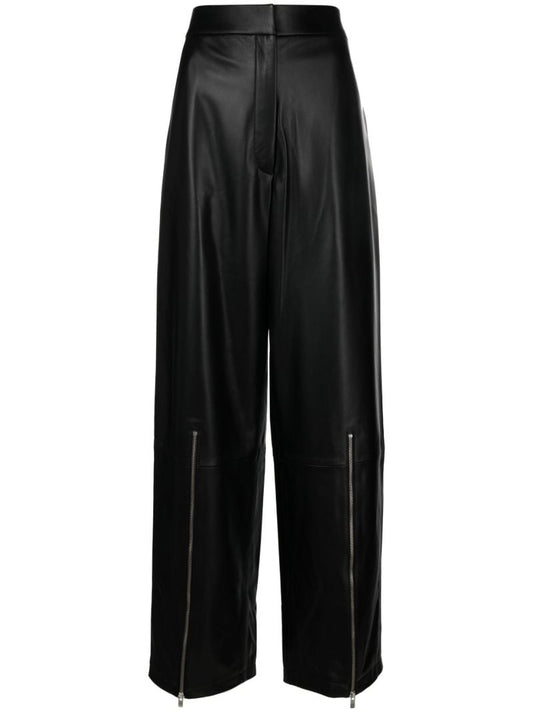 Black Wide-leg Leather Zipper Trousers