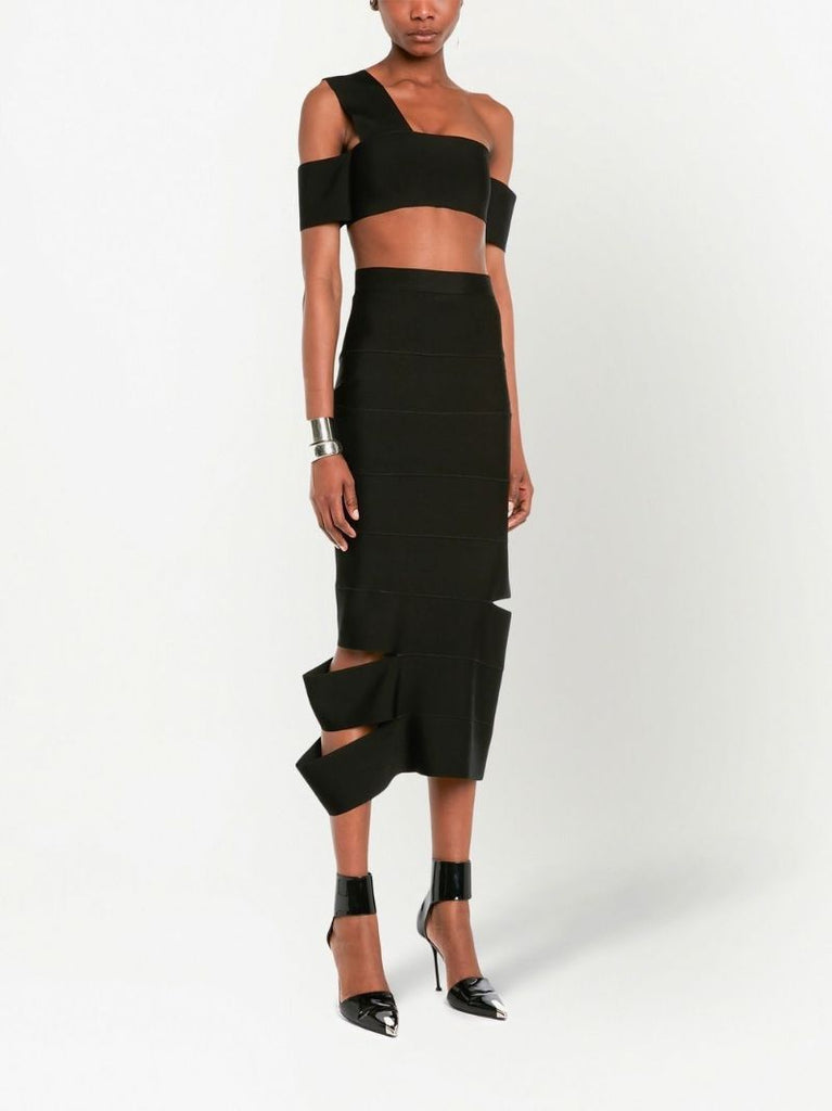 Black Cut-out Pencil Midi Skirt