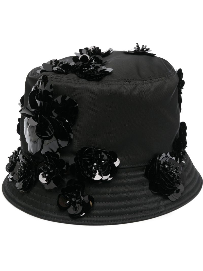 Black Re-nylon Crystal Floral Bucket Hat