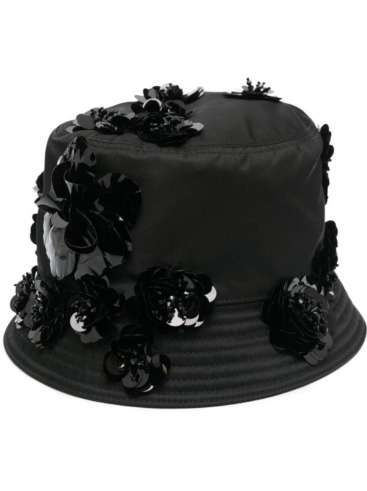 Black Re-nylon Crystal Floral Bucket Hat