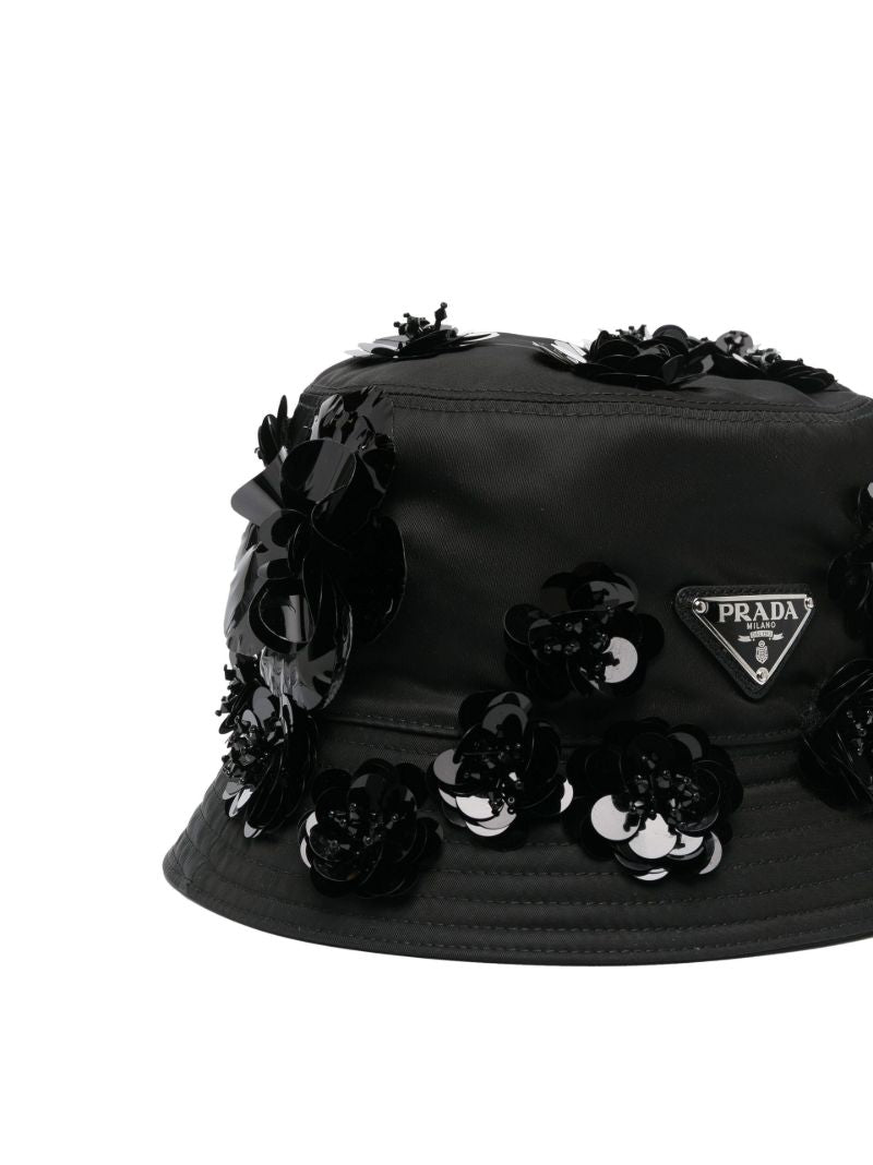 Black Re-nylon Crystal Floral Bucket Hat