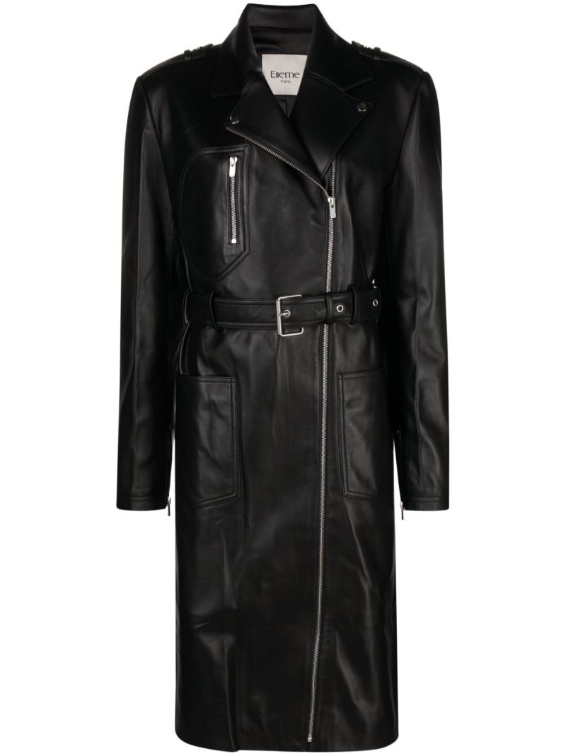 Black Belted Leather Biker Coat