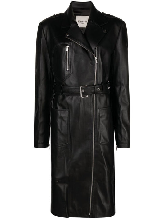 Black Belted Leather Biker Coat