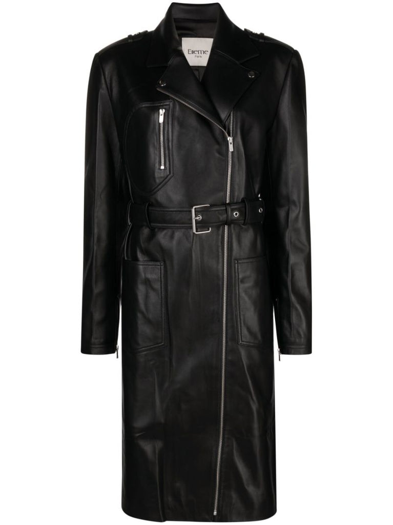 Black Belted Leather Biker Coat