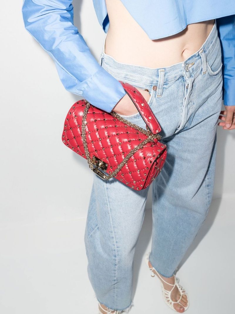 Red Rockstud Spike Leather Shoulder Bag