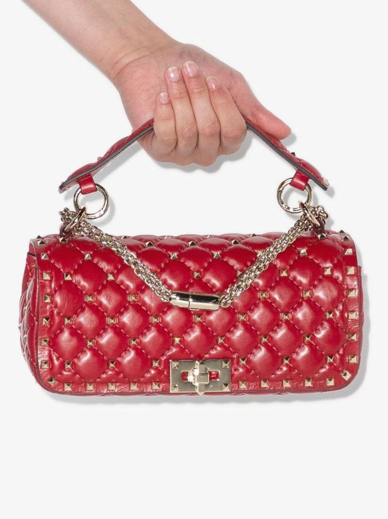 Red Rockstud Spike Leather Shoulder Bag