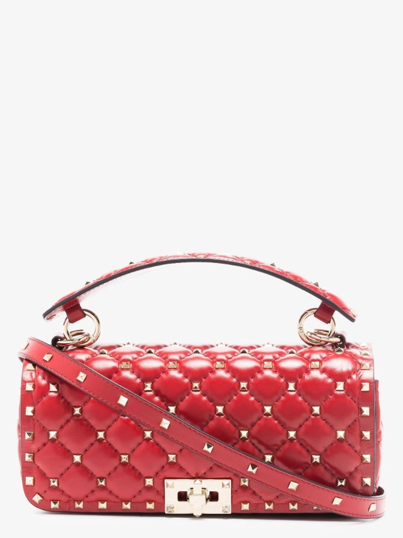 Red Rockstud Spike Leather Shoulder Bag