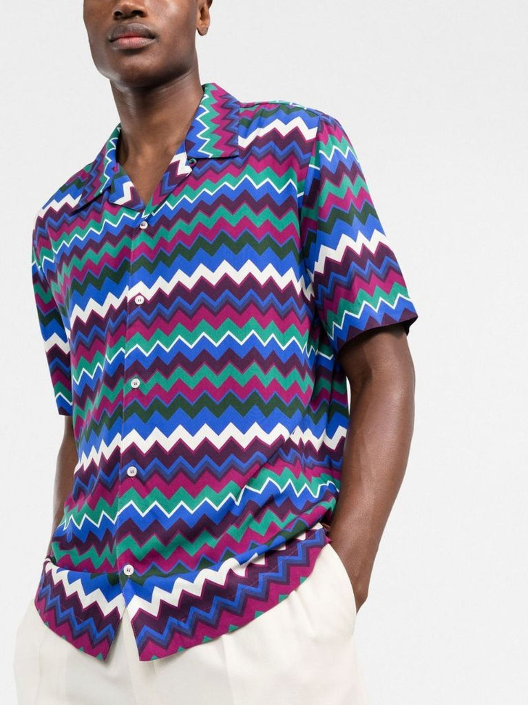 Blue Zigzag-print Short Sleeve Shirt