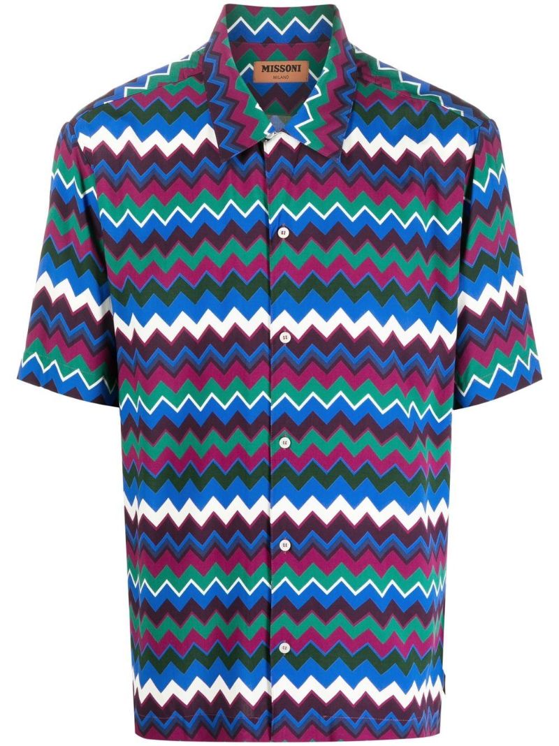 Blue Zigzag-print Short Sleeve Shirt