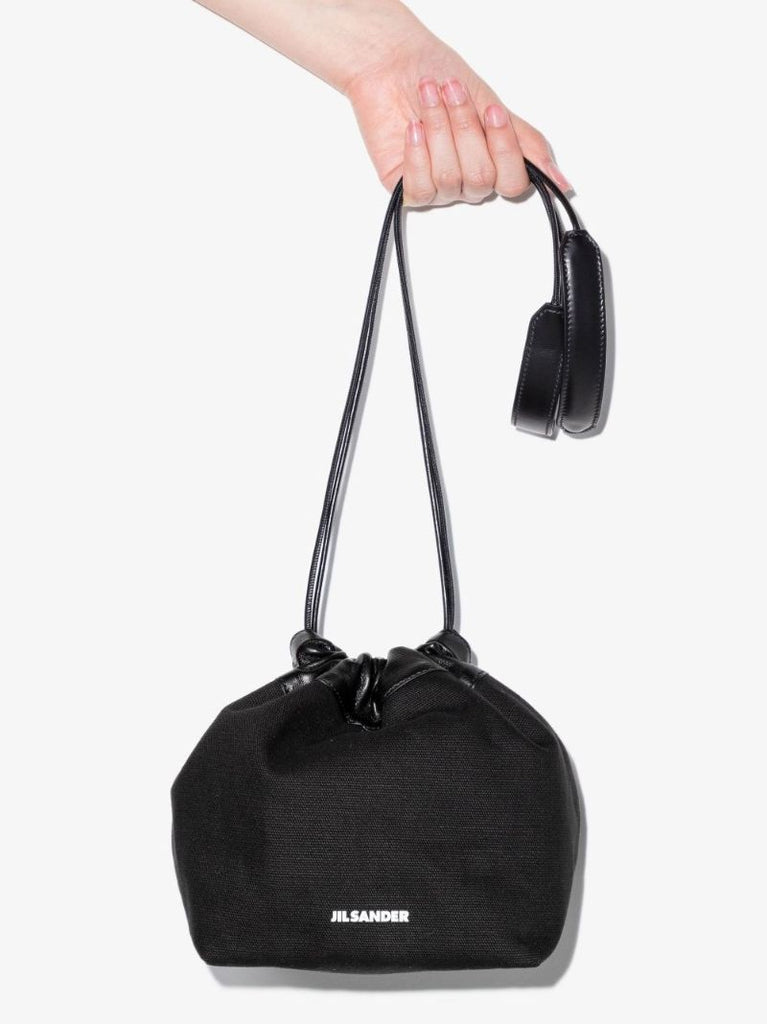 Black Drawstring Linen Shoulder Bag