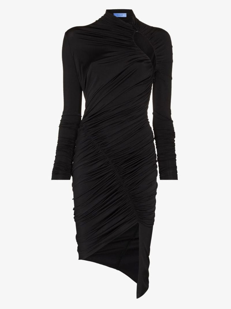 Black Asymmetric Cut-out Ruched Mini Dress