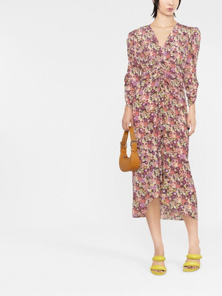 Purple Albini Floral Print Ruched Midi Dress