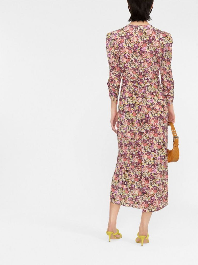 Purple Albini Floral Print Ruched Midi Dress