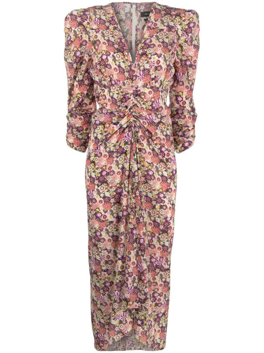 Purple Albini Floral Print Ruched Midi Dress