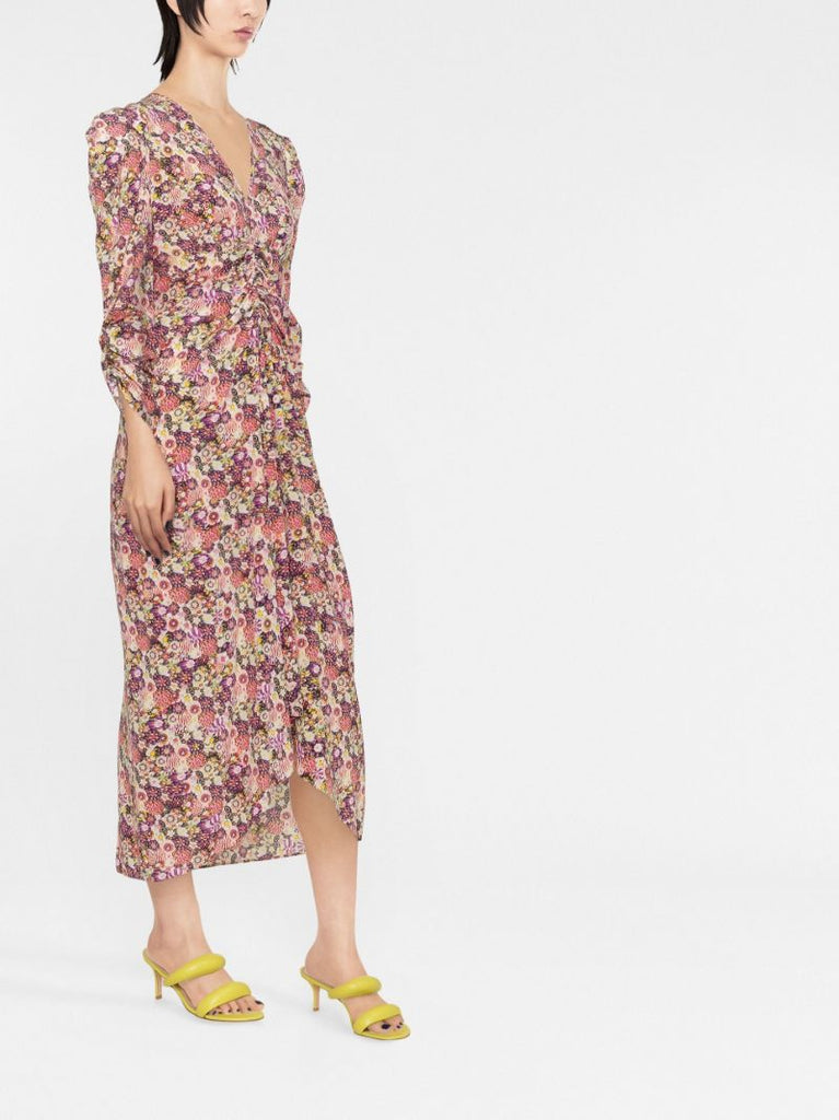 Purple Albini Floral Print Ruched Midi Dress