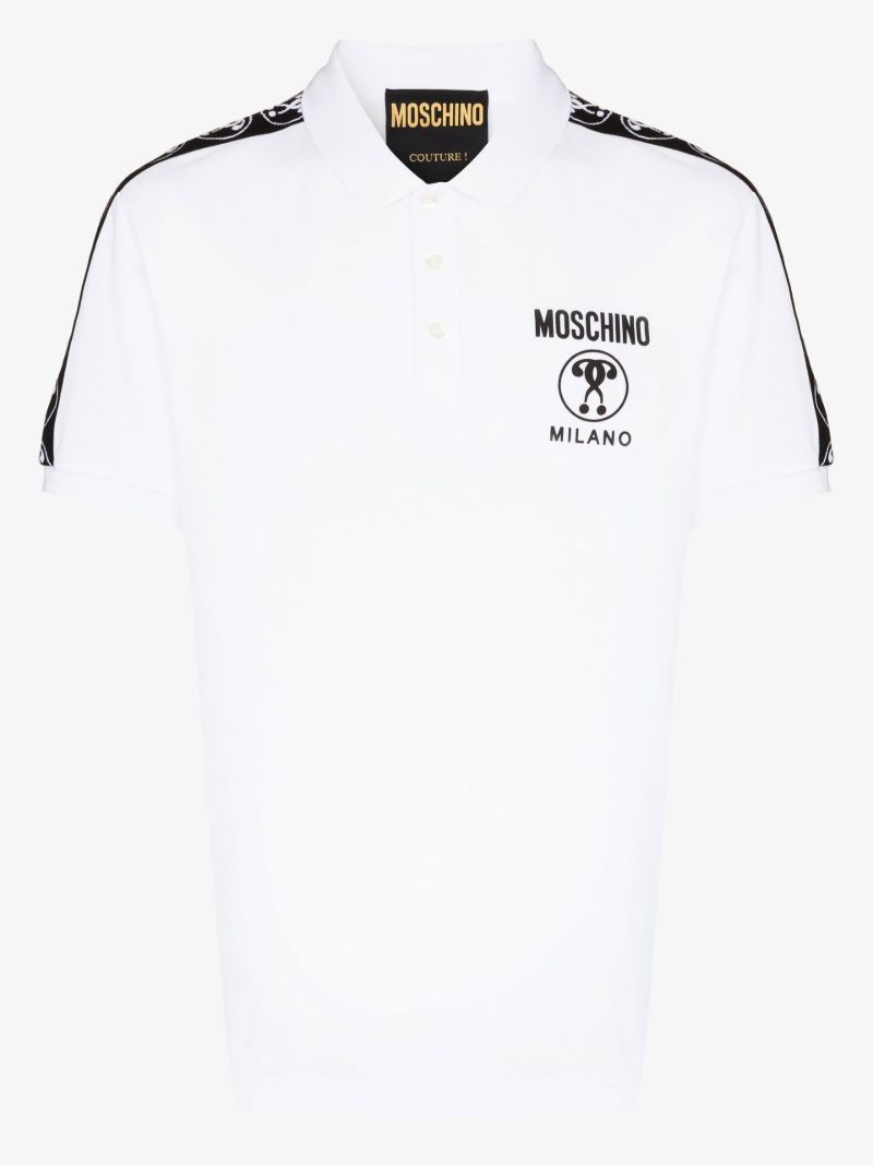 White Double Question Mark Print Cotton Polo Shirt