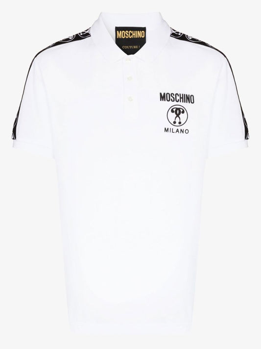 White Double Question Mark Print Cotton Polo Shirt
