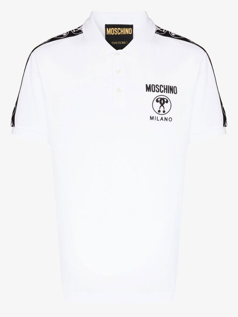 White Double Question Mark Print Cotton Polo Shirt