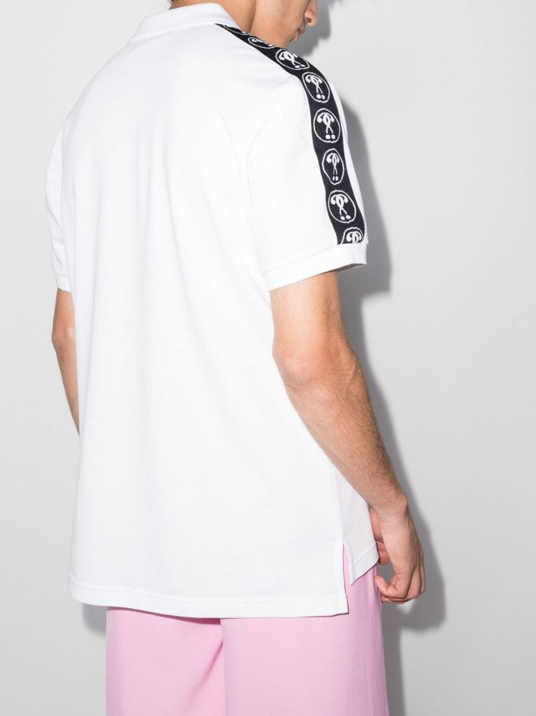 White Double Question Mark Print Cotton Polo Shirt