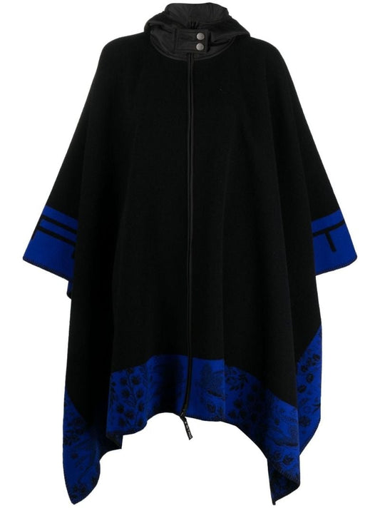 Black Logo Contrast Border Wool Cape