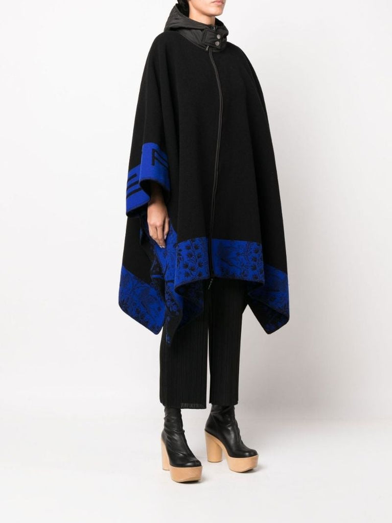 Black Logo Contrast Border Wool Cape