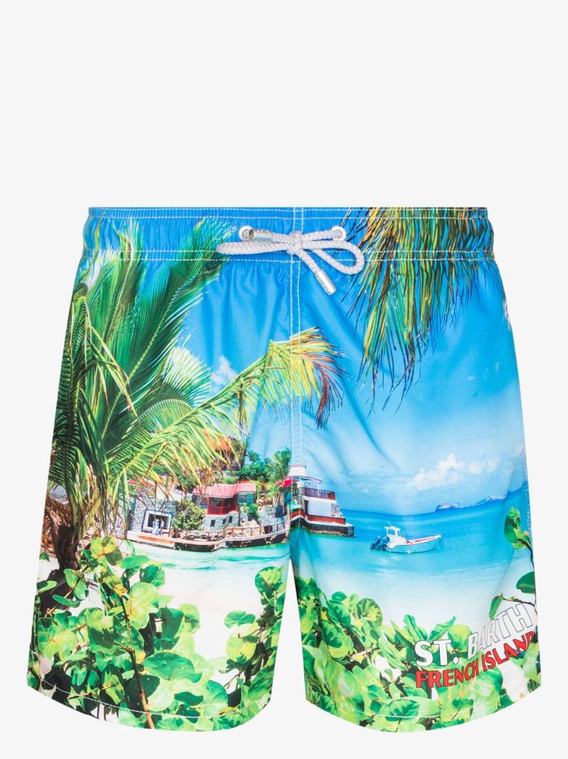 Blue Caribbean Island Print Recycled Shell Swim Shorts