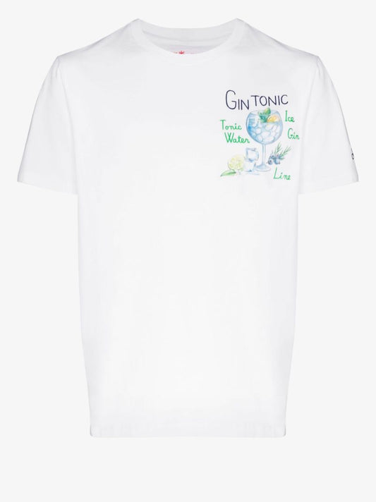 White Embroidered Gin Tonic Cotton T-shirt