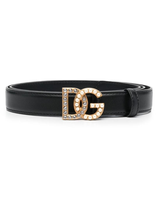 Black Embellished Logo Buckle Leather Belt