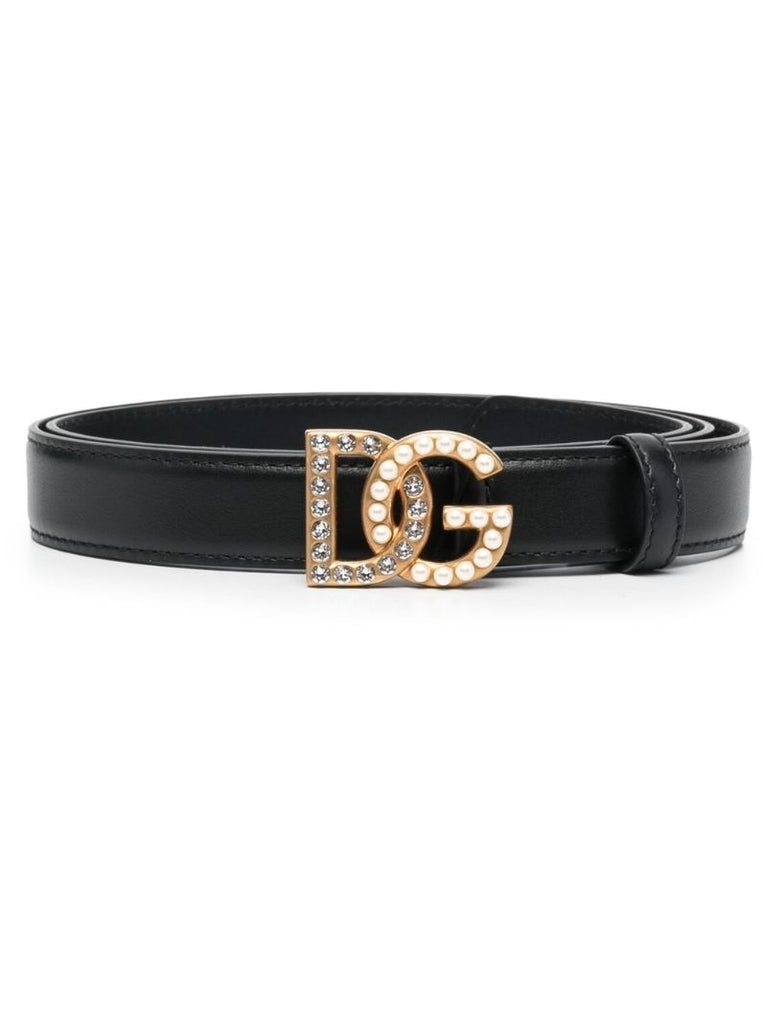 Black Embellished Logo Buckle Leather Belt