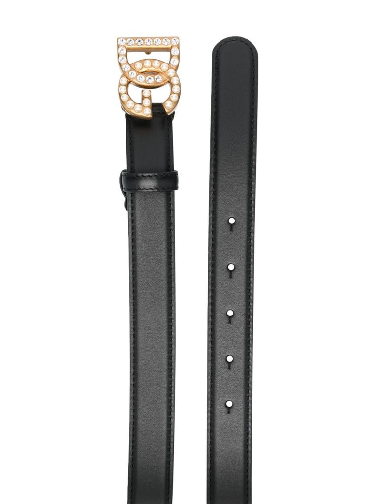 Black Embellished Logo Buckle Leather Belt