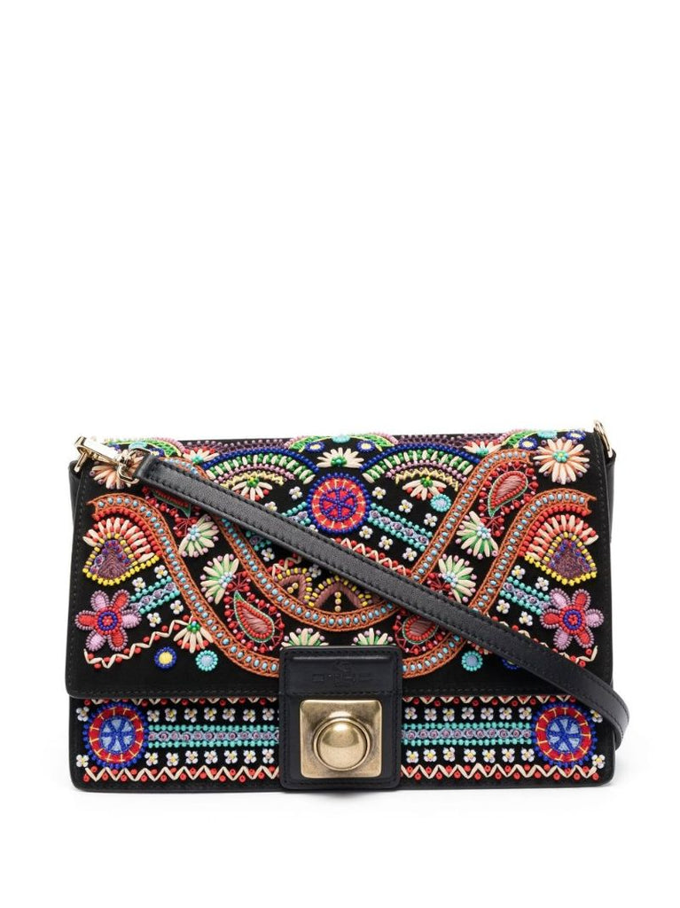 Black Crown Me Beaded Suede Shoulder Bag