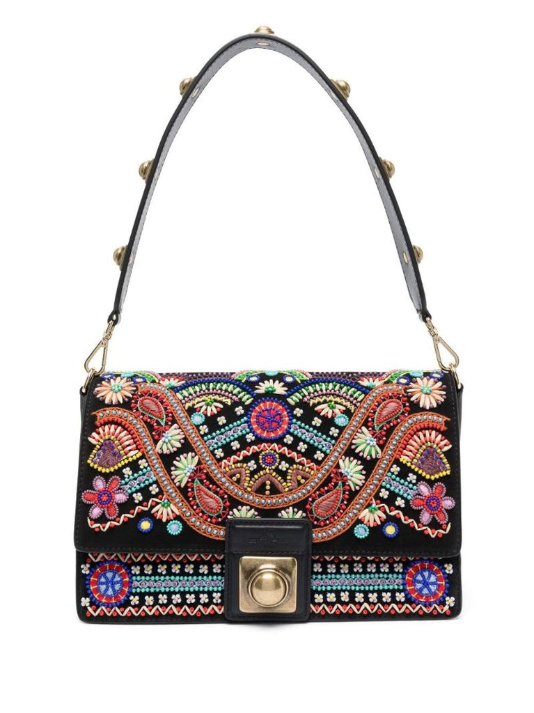 Black Crown Me Beaded Suede Shoulder Bag