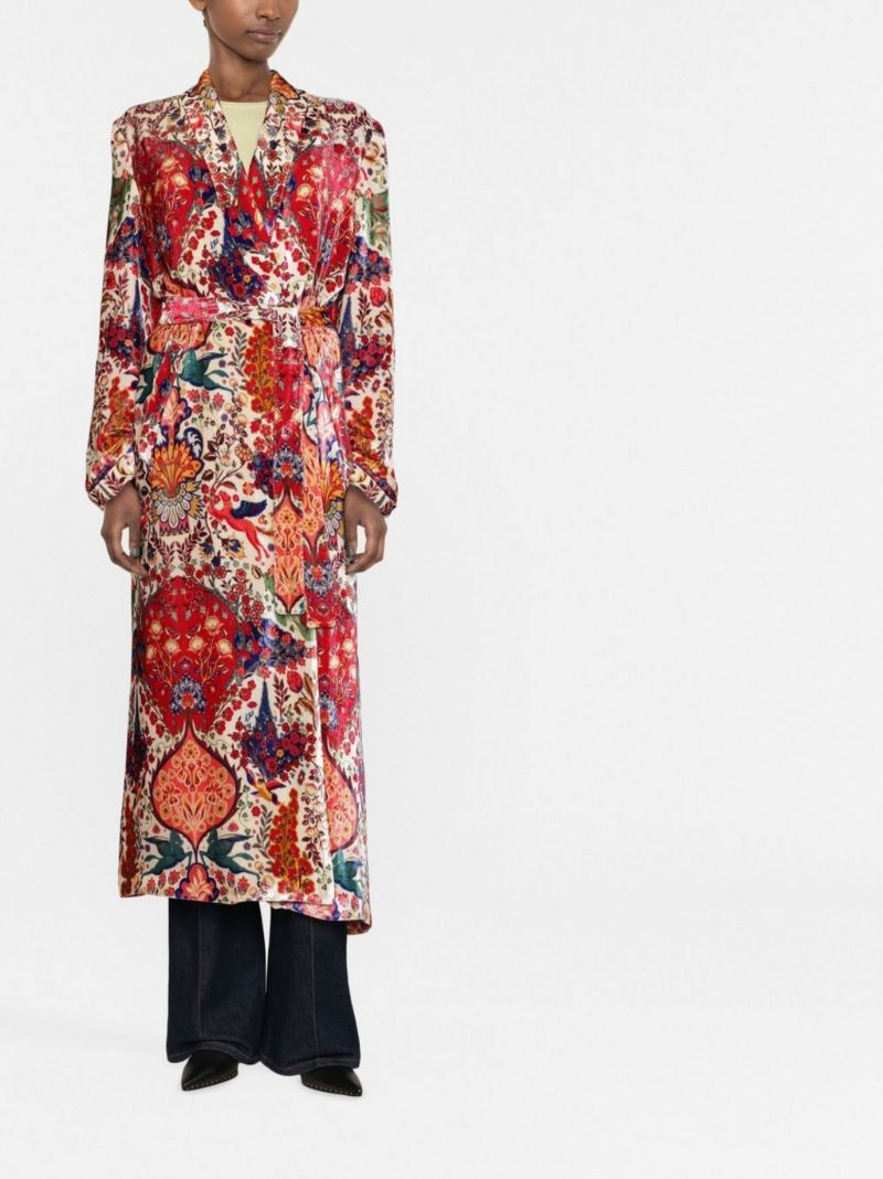 Red Printed Belted Coat