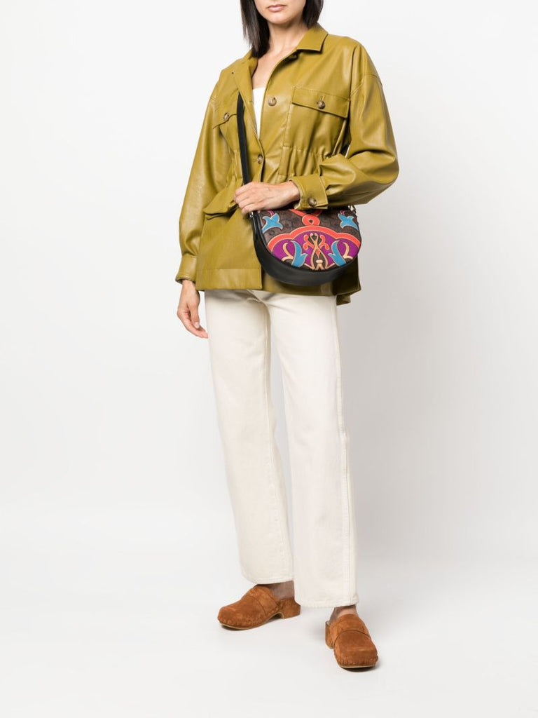 Brown Paisley Embroidered Leather Shoulder Bag