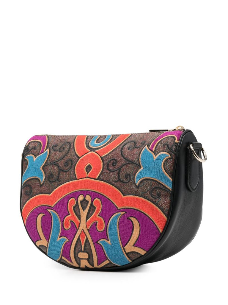 Brown Paisley Embroidered Leather Shoulder Bag