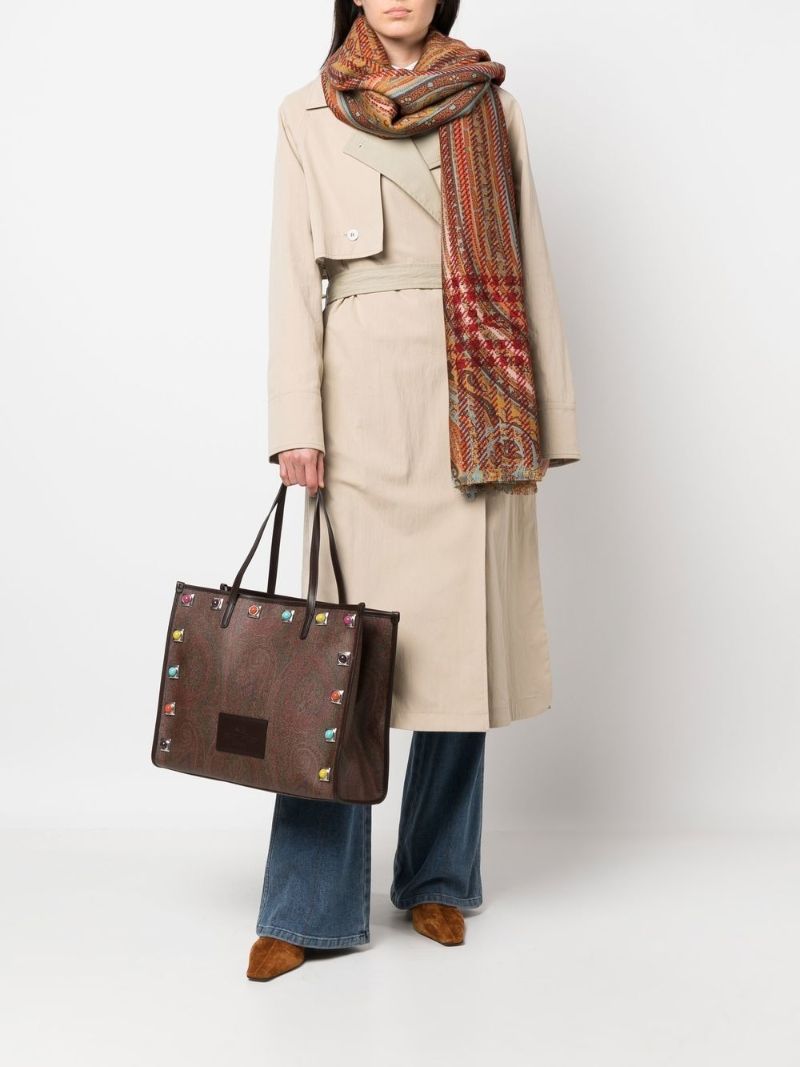 Brown Stud Embellished Paisley Print Tote Bag