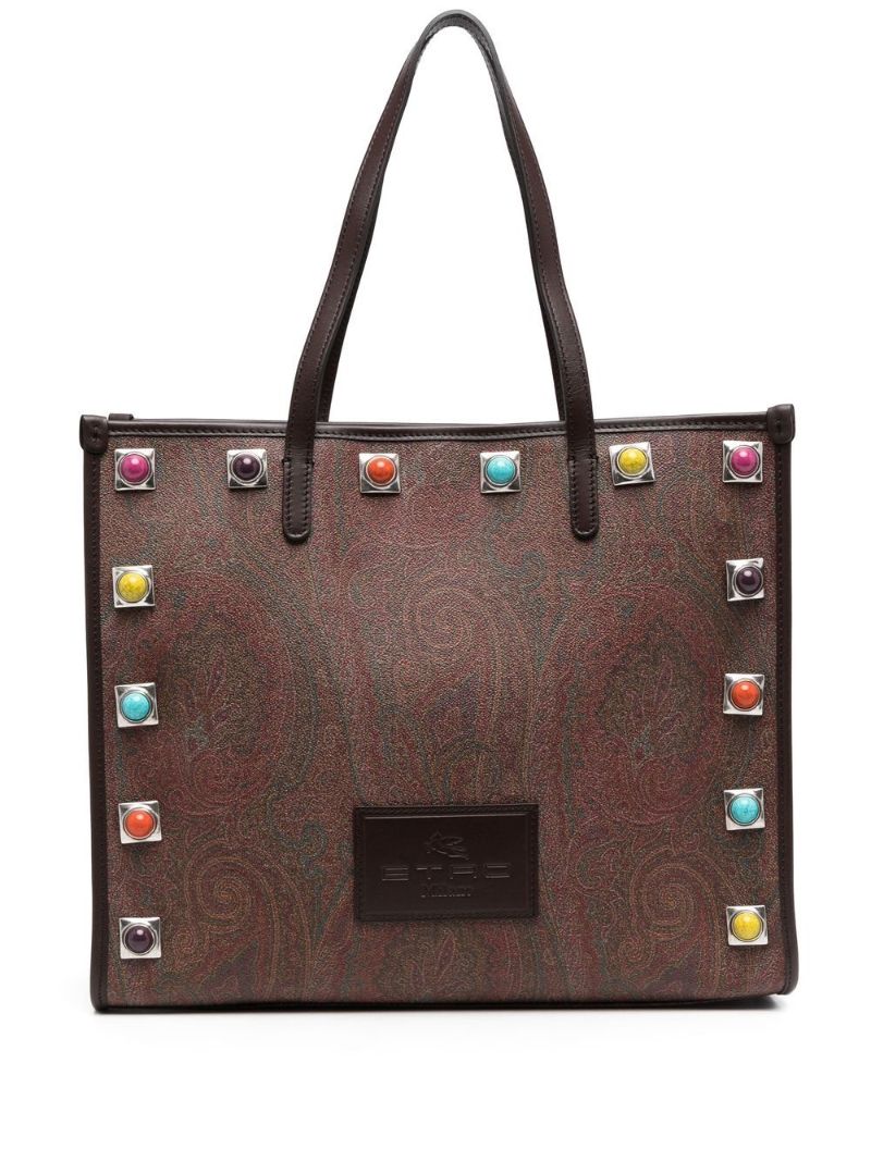 Brown Stud Embellished Paisley Print Tote Bag