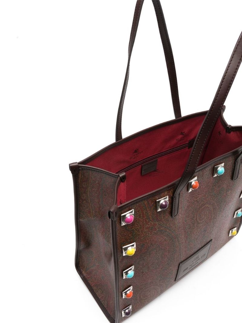 Brown Stud Embellished Paisley Print Tote Bag