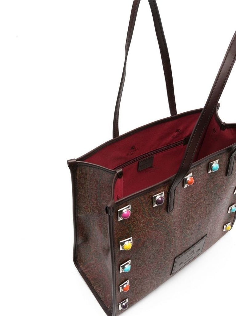 Brown Stud Embellished Paisley Print Tote Bag
