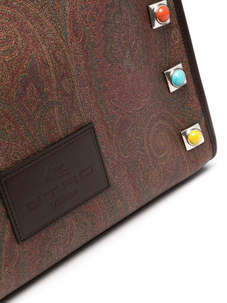 Brown Stud Embellished Paisley Print Tote Bag