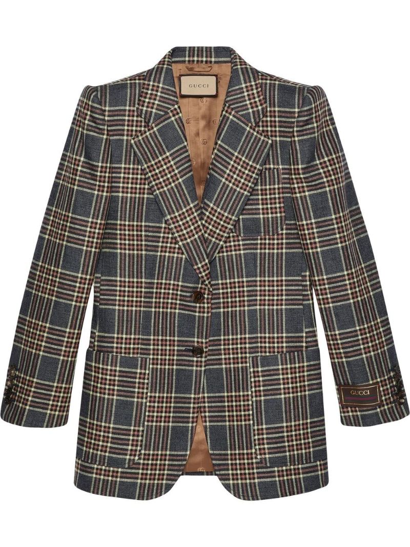 Blue Single-breasted Check Blazer