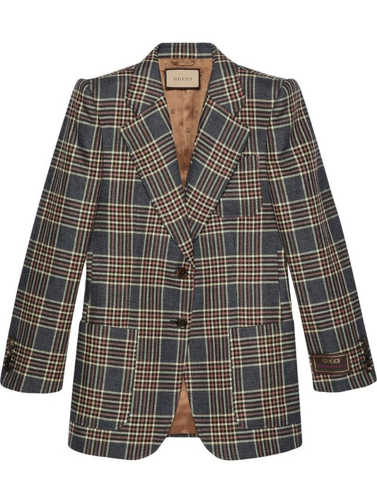 Blue Single-breasted Check Blazer