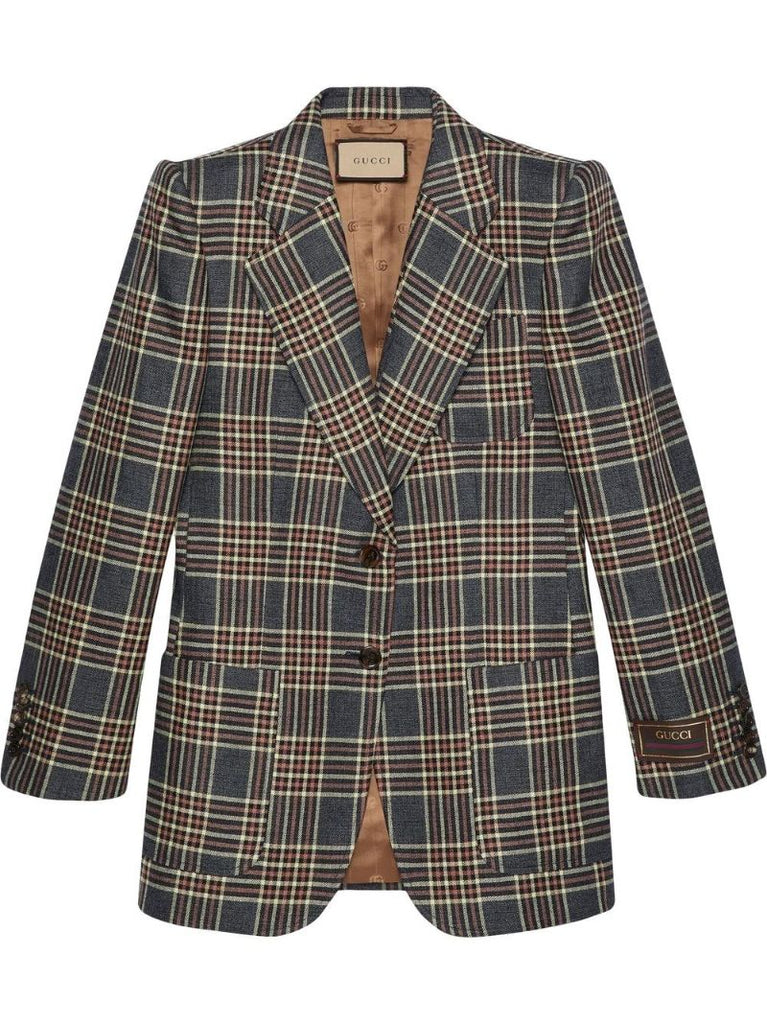 Blue Single-breasted Check Blazer