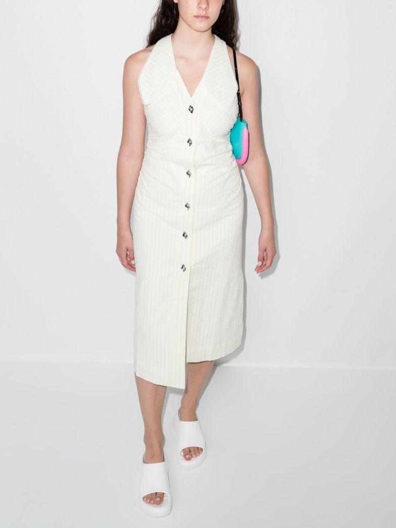 White Stripe Seersucker Gathered Midi Dress