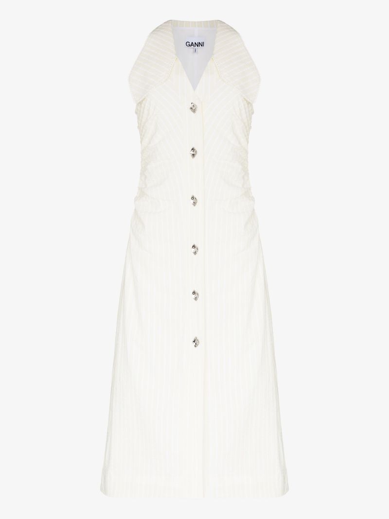 White Stripe Seersucker Gathered Midi Dress