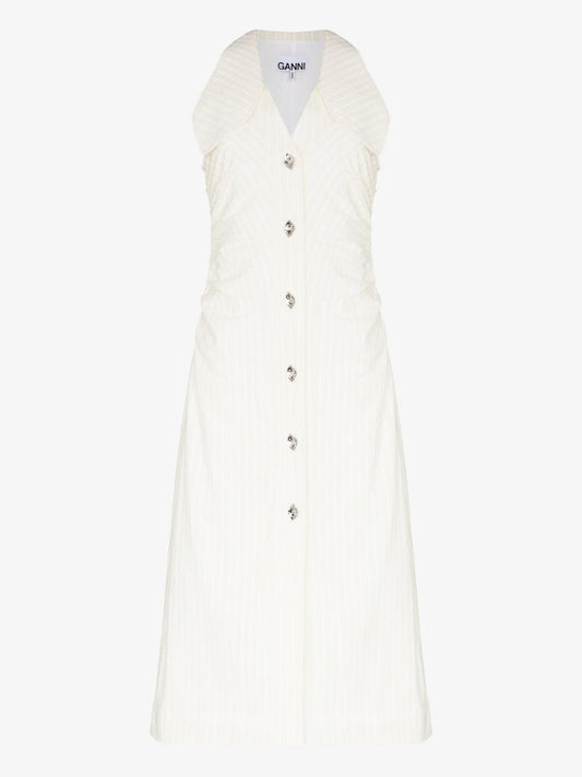 White Stripe Seersucker Gathered Midi Dress