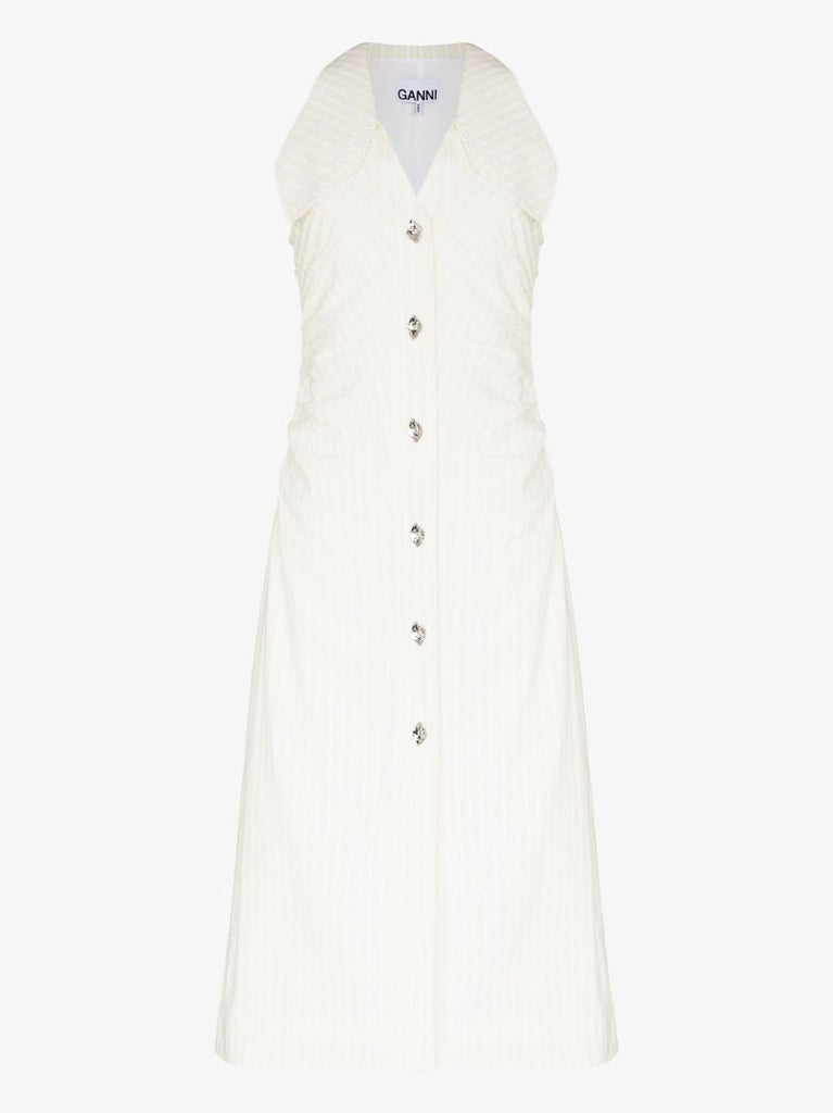 White Stripe Seersucker Gathered Midi Dress